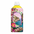 Bottle with a colorful design of a coastal scene and flowers on a white background