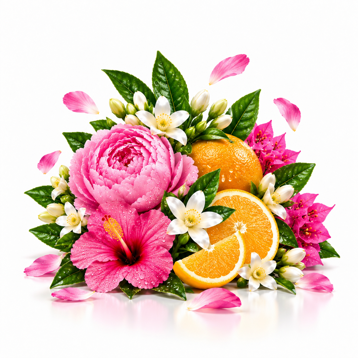 A vibrant tropical floral and fruit arrangement on a clean white background, featuring a large pink peony, pink hibiscus, white flowers, pink bougainvillea, green leaves, and orange slices.