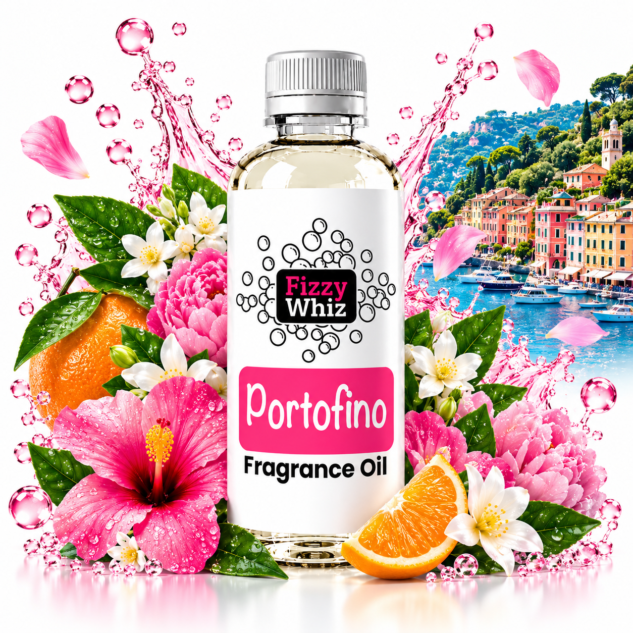 A bottle of Fizzy Whiz Portofino Fragrance Oil centered on a white background, surrounded by pink flowers, orange slices, green leaves, and pink splash graphics, with a coastal town scene in the upper right.