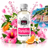 A bottle of Fizzy Whiz Portofino Fragrance Oil centered on a white background, surrounded by pink flowers, orange slices, green leaves, and pink splash graphics, with a coastal town scene in the upper right.