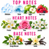 A fragrance notes chart titled 'TOP NOTES', 'HEART NOTES', and 'BASE NOTES' with illustrated scent ingredients: aldehydes, ozone, apple, red fruits, freesia, rose, jasmine, orange blossom, and vanilla.