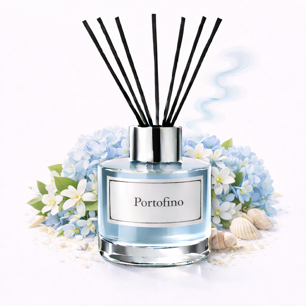 Diffuser with 'Portofino' label surrounded by flowers and seashells on a white background