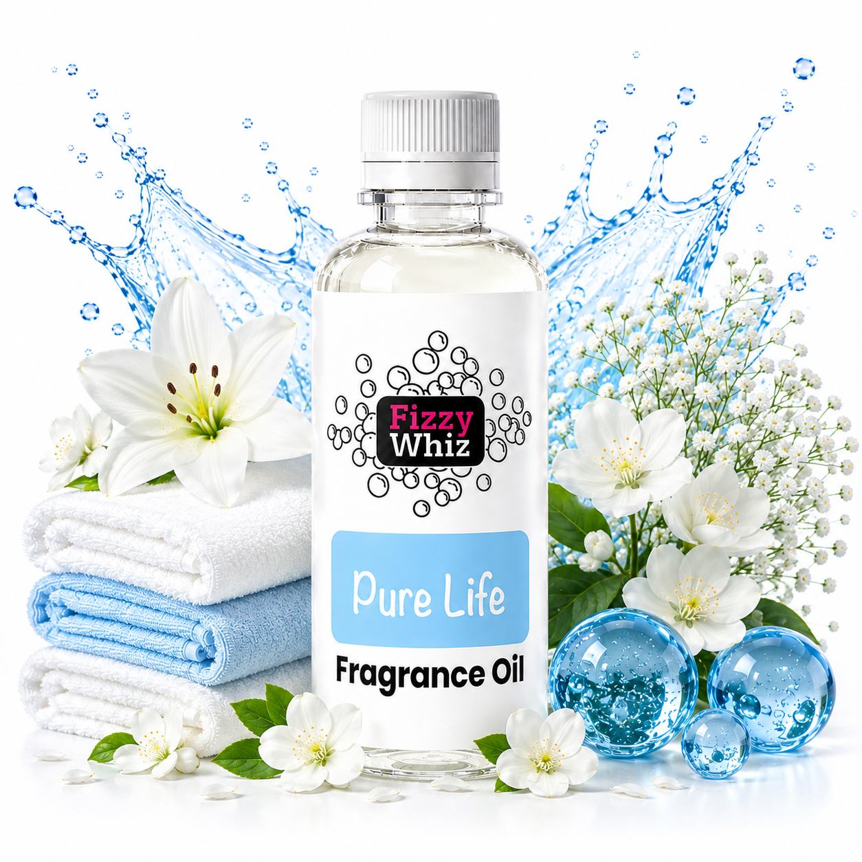 A bottle of Fizzy Whiz Pure Life Fragrance Oil centered on a white background, surrounded by folded white and blue towels, white flowers, blue decorative bubbles, and blue water splash graphics. The product label reads 'Fizzy Whiz' and 'Pure Life Fragrance Oil.