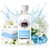 A bottle of Fizzy Whiz Pure Life Fragrance Oil centered on a white background, surrounded by folded white and blue towels, white flowers, blue decorative bubbles, and blue water splash graphics. The product label reads 'Fizzy Whiz' and 'Pure Life Fragrance Oil.
