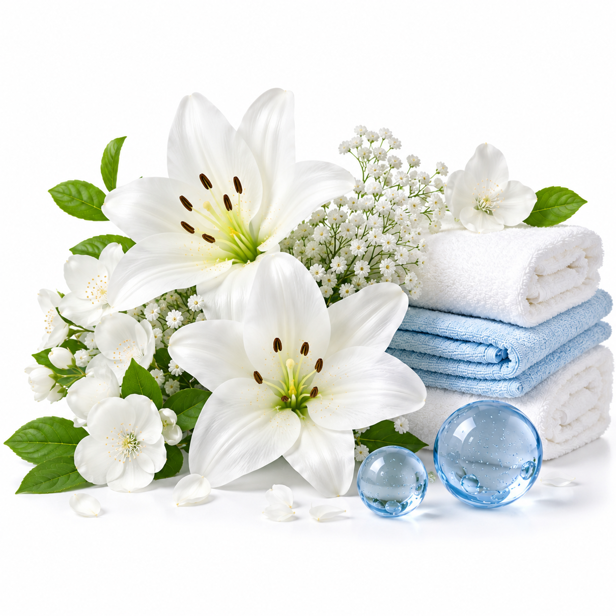 A styled spa-themed arrangement featuring white lilies, white and light blue folded towels, small white baby's breath flowers, green leaves, and two clear blue glass spheres on a white background.