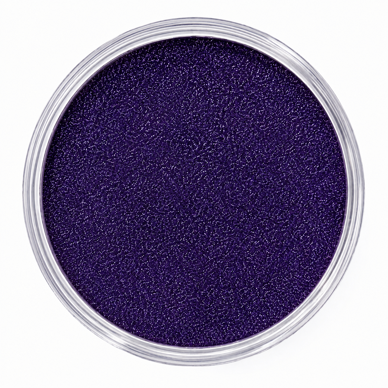 A top-down view of a clear round plastic jar filled with sparkling deep purple glitter powder, set against a solid white background.