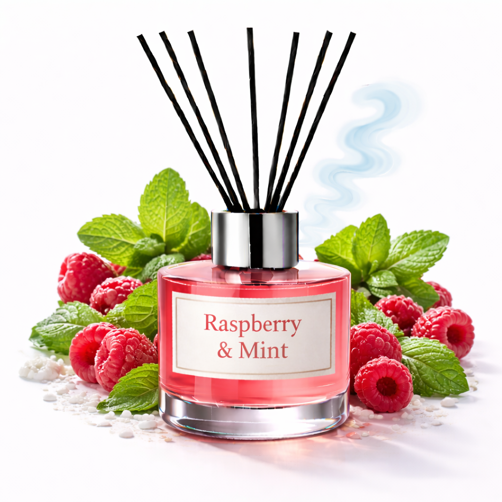 Reed diffuser with raspberry and mint theme on a white background