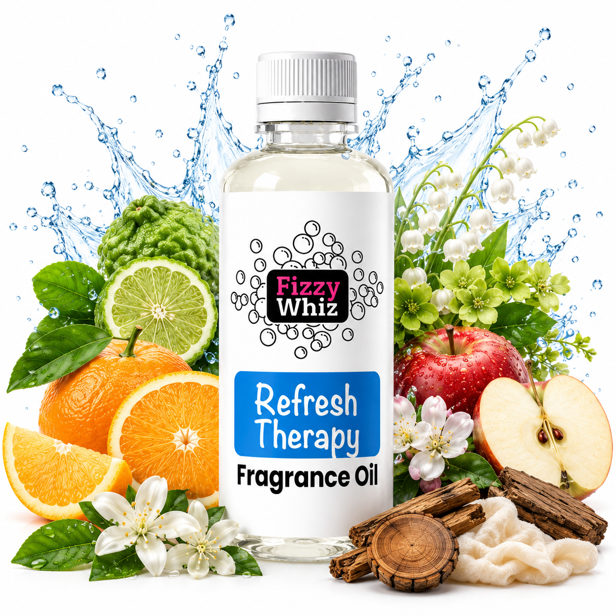 A bottle of Fizzy Whiz Refresh Therapy Fragrance Oil centered against a white background with stylized ingredient props including citrus fruits, an apple, flowers, leaves, bark, and water splash graphics.