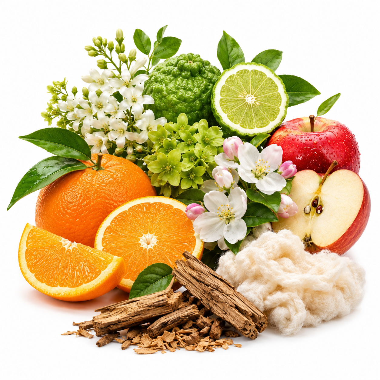 A styled arrangement of whole and sliced fruits and flowers on a white background: an orange, a red apple with a cut half, a lime half, green leaves, white blossoms, and a pile of dried bark pieces with a fluffy cream fiber mass nearby.
