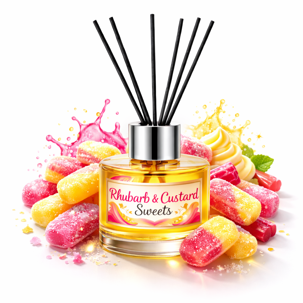 Reed diffuser with 'Rhubarb & Custard Sweets' label surrounded by gummy candies on a white background