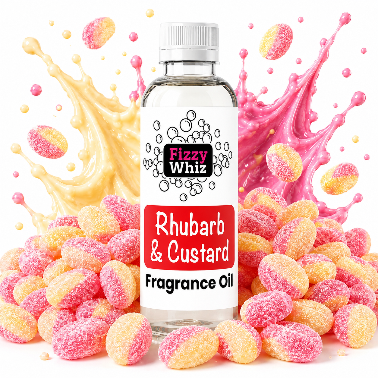 A bottle of Fizzy Whiz Rhubarb & Custard Fragrance Oil centered against a white background, surrounded by pink and yellow sugar-coated gummy candies and stylized pink and yellow liquid splashes. The bottle label clearly shows the brand Fizzy Whiz and the scent name Rhubarb & Custard.