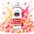 A bottle of Fizzy Whiz Rhubarb & Custard Fragrance Oil centered against a white background, surrounded by pink and yellow sugar-coated gummy candies and stylized pink and yellow liquid splashes. The bottle label clearly shows the brand Fizzy Whiz and the scent name Rhubarb & Custard.