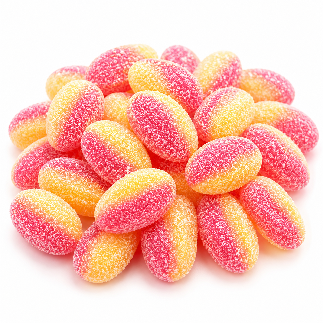 A pile of sugar-coated candy candies shaped like small pebbles, with alternating pink and yellow-orange layers, on a clean white background.