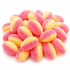 A pile of sugar-coated candy candies shaped like small pebbles, with alternating pink and yellow-orange layers, on a clean white background.