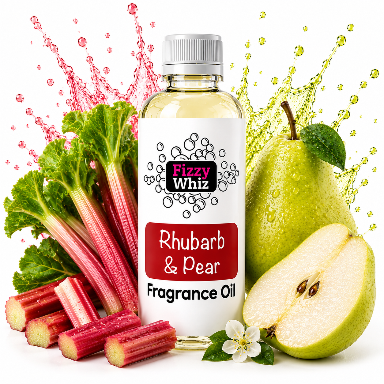 A bottle of Fizzy Whiz Rhubarb & Pear Fragrance Oil centered on a white background, surrounded by fresh rhubarb stalks, a whole pear, a cut pear, and a small white flower. Green liquid splashes and droplets appear behind the ingredients.