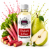 A bottle of Fizzy Whiz Rhubarb & Pear Fragrance Oil centered on a white background, surrounded by fresh rhubarb stalks, a whole pear, a cut pear, and a small white flower. Green liquid splashes and droplets appear behind the ingredients.