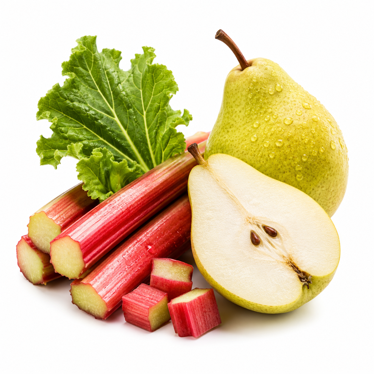 Fresh rhubarb stalks and cut pieces alongside a whole and halved pear on a clean white background.