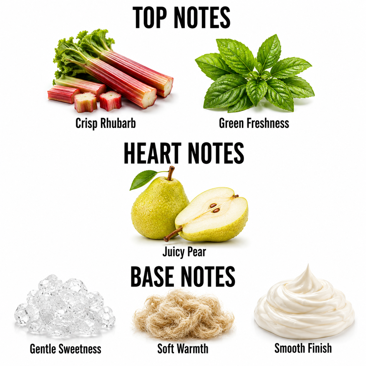 A fragrance notes graphic on a white background with labeled sections: Top Notes showing rhubarb and green leaves, Heart Notes showing a pear and half pear, and Base Notes showing ice crystals, fiber, and cream swirls with text labels.