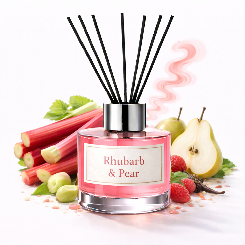 Reed diffuser labeled 'Rhubarb & Pear' with rhubarb, pear, and raspberry ingredients on a white background