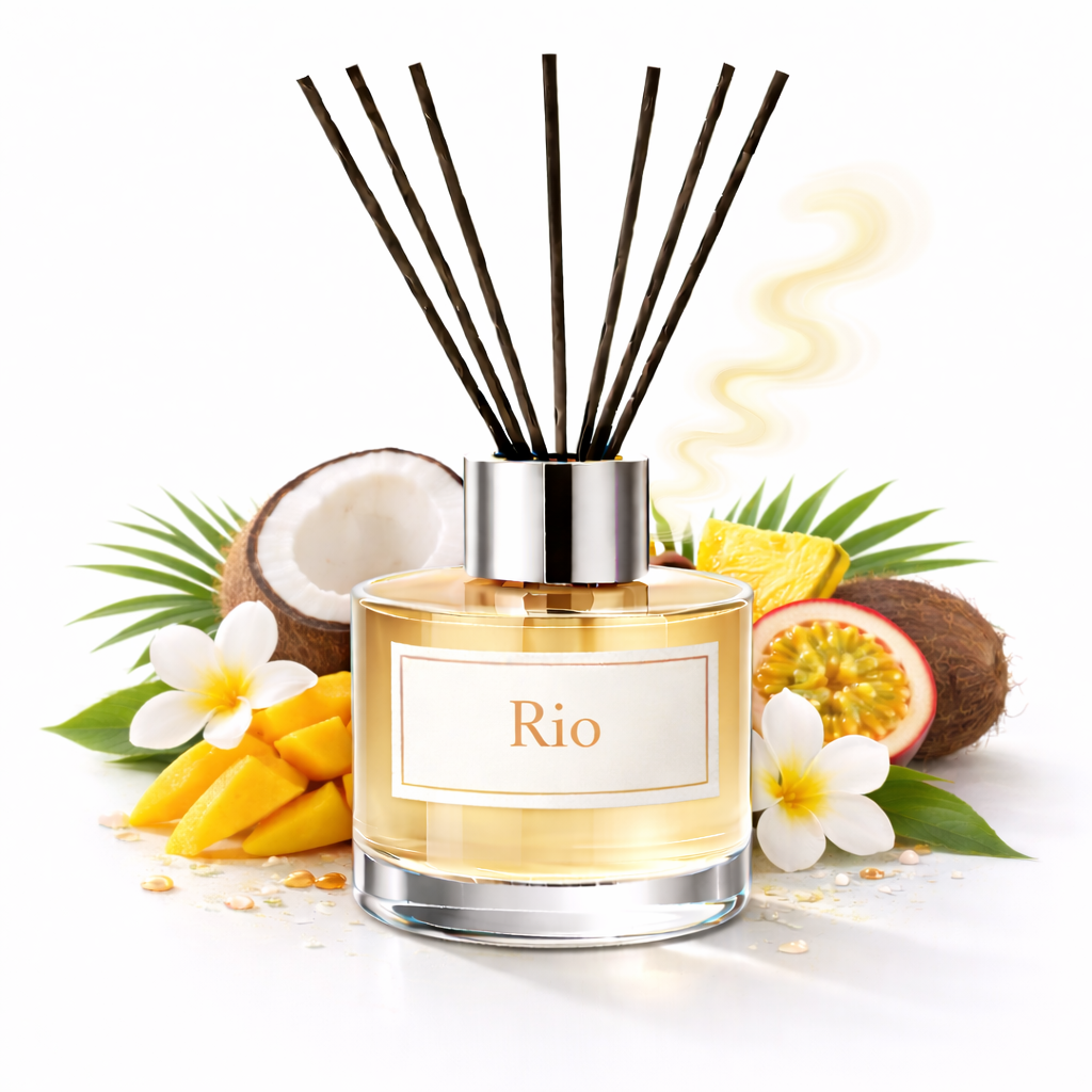 Reed diffuser labeled 'Rio' with tropical fruits and flowers on a white background