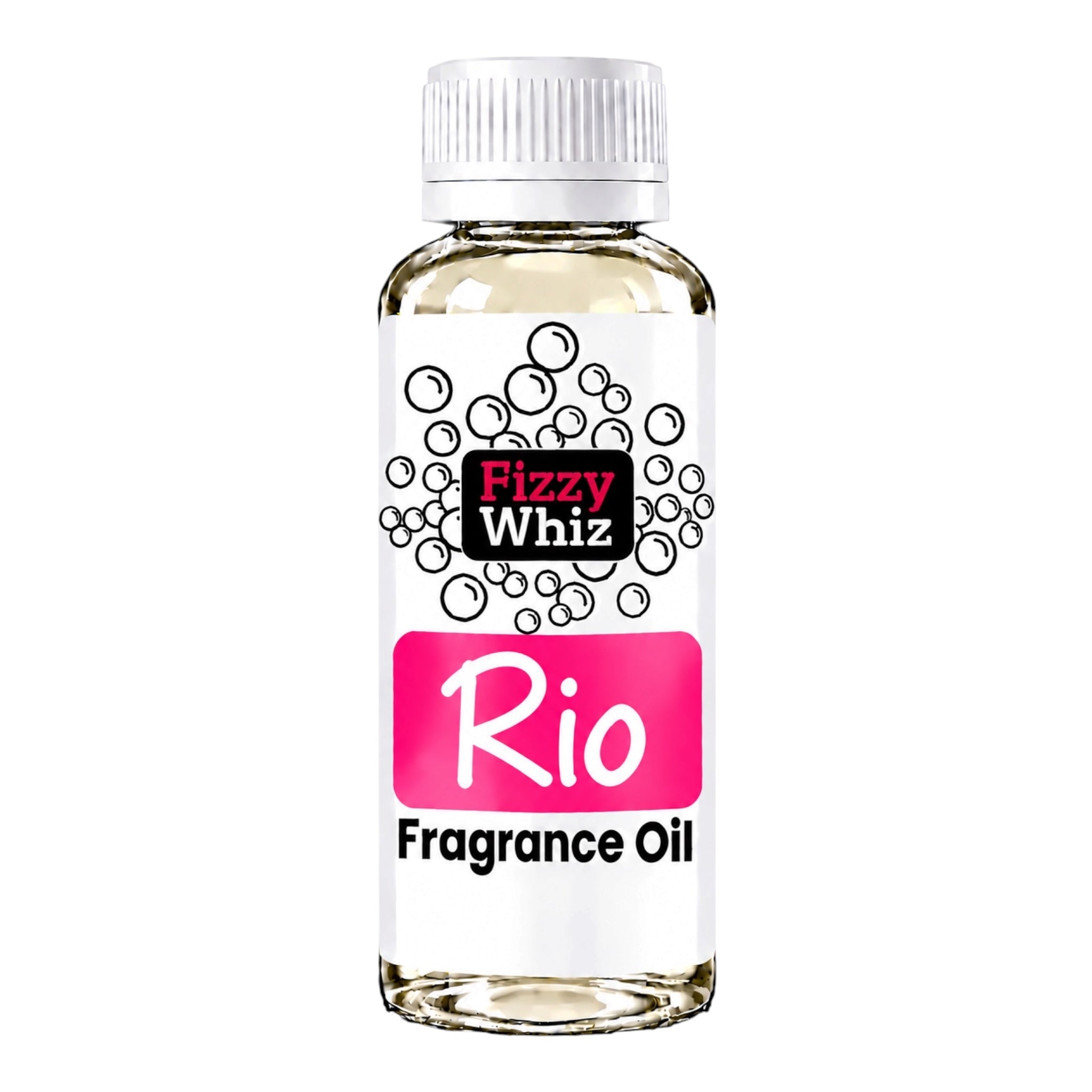 A bottle of Fizzy Whiz Rio Fragrance Oil on a solid white background. The bottle is made of clear glass, showing the pale yellow liquid inside, and is topped with a white ribbed cap.
