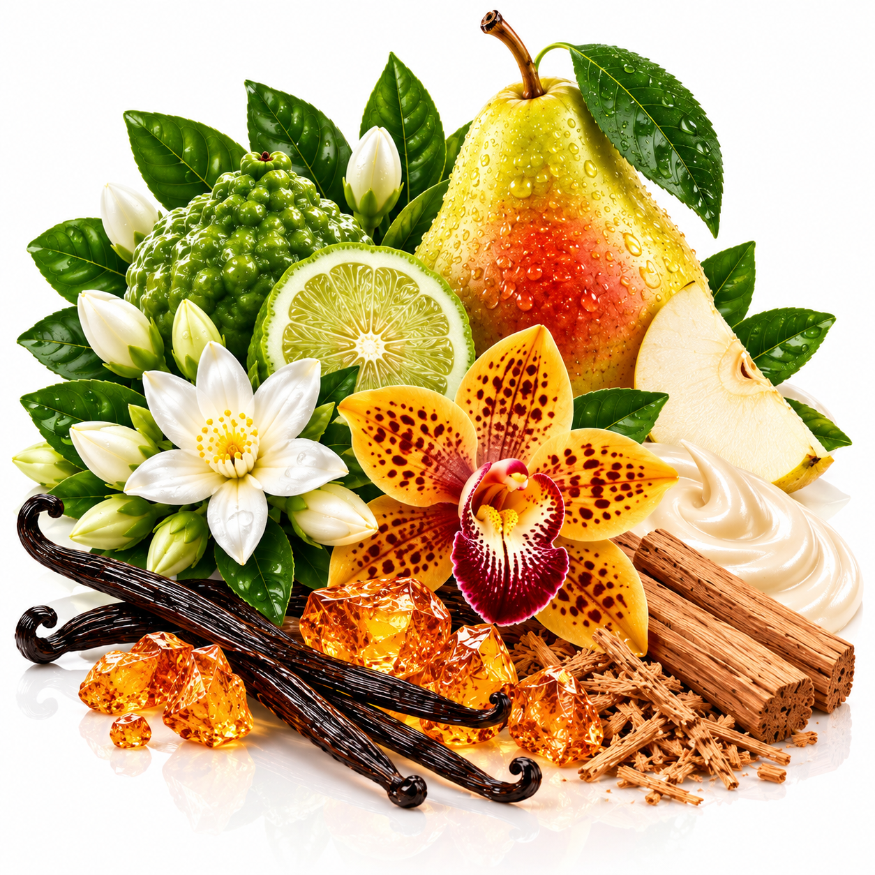 A styled botanical arrangement of natural ingredients on a white background, including a yellow-and-red pear, green custard, vanilla beans, amber crystals, cinnamon sticks, a white flower, a yellow-and-red orchid, a lime slice, and green leaves.