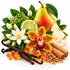A styled botanical arrangement of natural ingredients on a white background, including a yellow-and-red pear, green custard, vanilla beans, amber crystals, cinnamon sticks, a white flower, a yellow-and-red orchid, a lime slice, and green leaves.