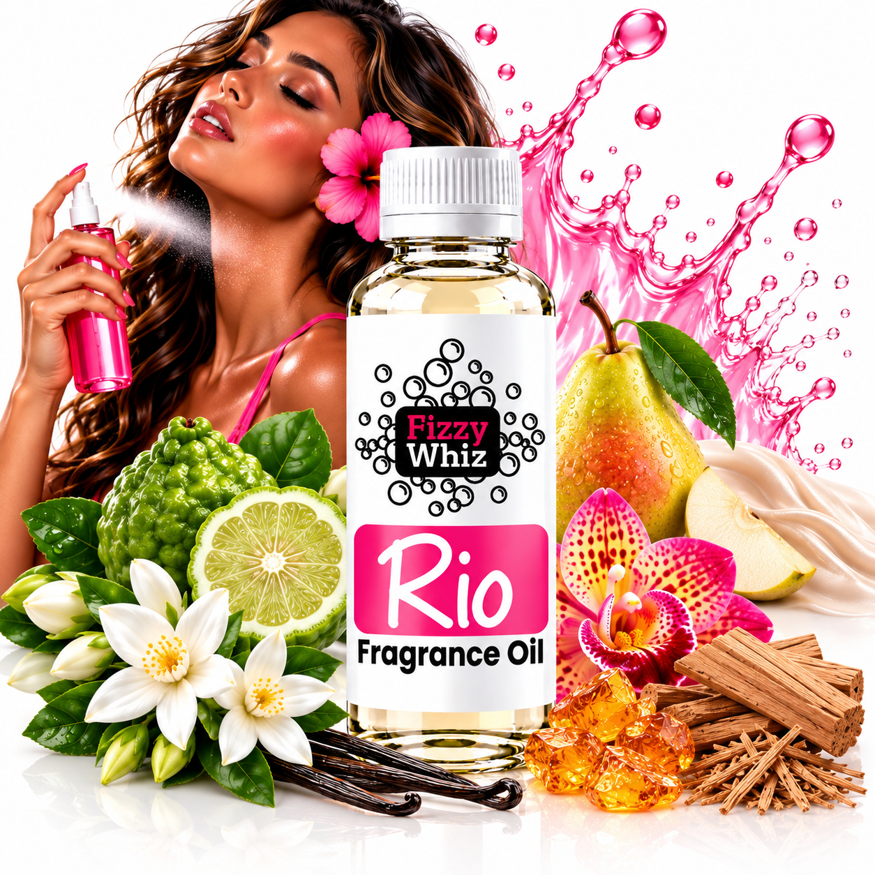 A bottle of Fizzy Whiz Rio Fragrance Oil centered on a white background, surrounded by fragrance ingredients and a woman holding a pink spray bottle. Visible elements include a pear, lime, orchid, cinnamon sticks, vanilla beans, amber beads, and a pink splash graphic.