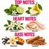 A fragrance notes graphic with the headings TOP NOTES, HEART NOTES, and BASE NOTES on a white background. Top notes shown are Wild Bergamot, Luscious Pear, Twilight Jasmine, and Warm Skin with corresponding illustrations.