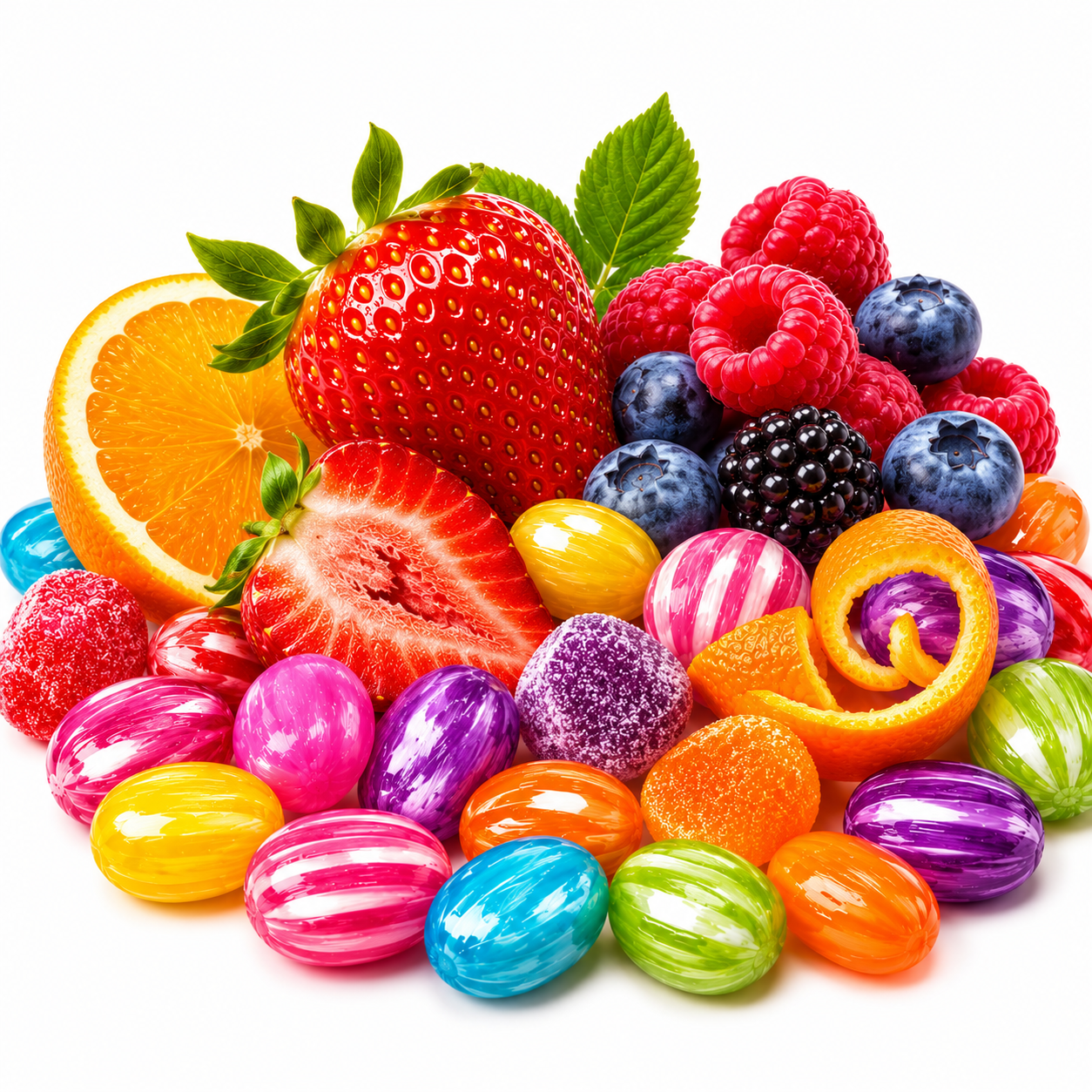 A vibrant assortment of colorful candies and fresh fruits, including a whole strawberry, a sliced strawberry, an orange slice, blueberries, raspberries, blackberries, and purple, pink, orange, and blue jelly beans, arranged on a clean white background.