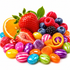 A vibrant assortment of colorful candies and fresh fruits, including a whole strawberry, a sliced strawberry, an orange slice, blueberries, raspberries, blackberries, and purple, pink, orange, and blue jelly beans, arranged on a clean white background.