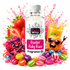 A bottle of Fizzy Whiz 'Rockin' Ruby Razz' fragrance oil centered on a white background, surrounded by colorful candy, strawberries, an orange, and a drink with straws, all in a playful, highly stylized commercial composition.