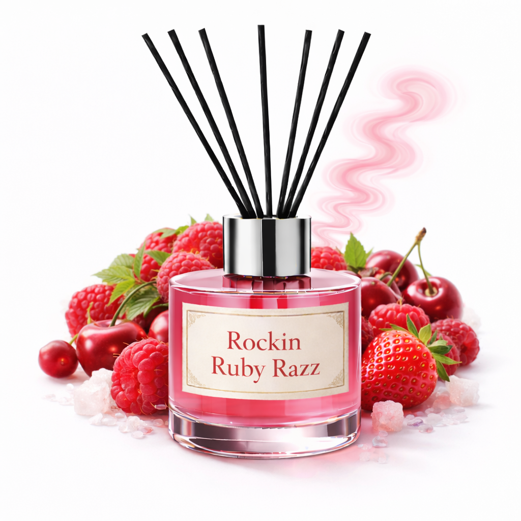 Reed diffuser labeled 'Rockin Ruby Razz' with strawberries and cherries around it on a white background