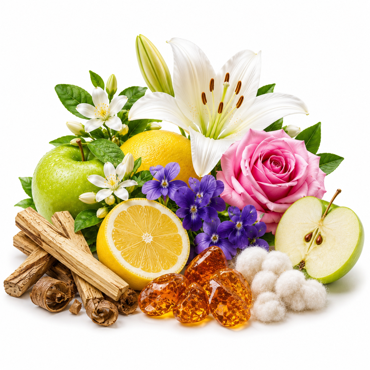 A styled botanical still life on a white background featuring a white lily, pink rose, green apple halves, lemon slice, purple flowers, cinnamon sticks, and amber honey cubes.