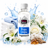 A bottle of Fizzy Whiz Ropa Limpia Fragrance Oil centered on a white background, surrounded by folded white and blue towels, white lilies, white roses, cotton buds, amber pieces, and blue water droplets/splash effects. The bottle label is white with a blue rectangular section and black text.