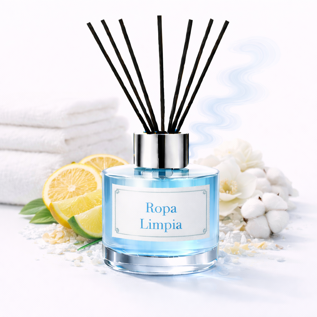 Reed diffuser labeled 'Ropa Limpia' with lemons and flowers on a white background