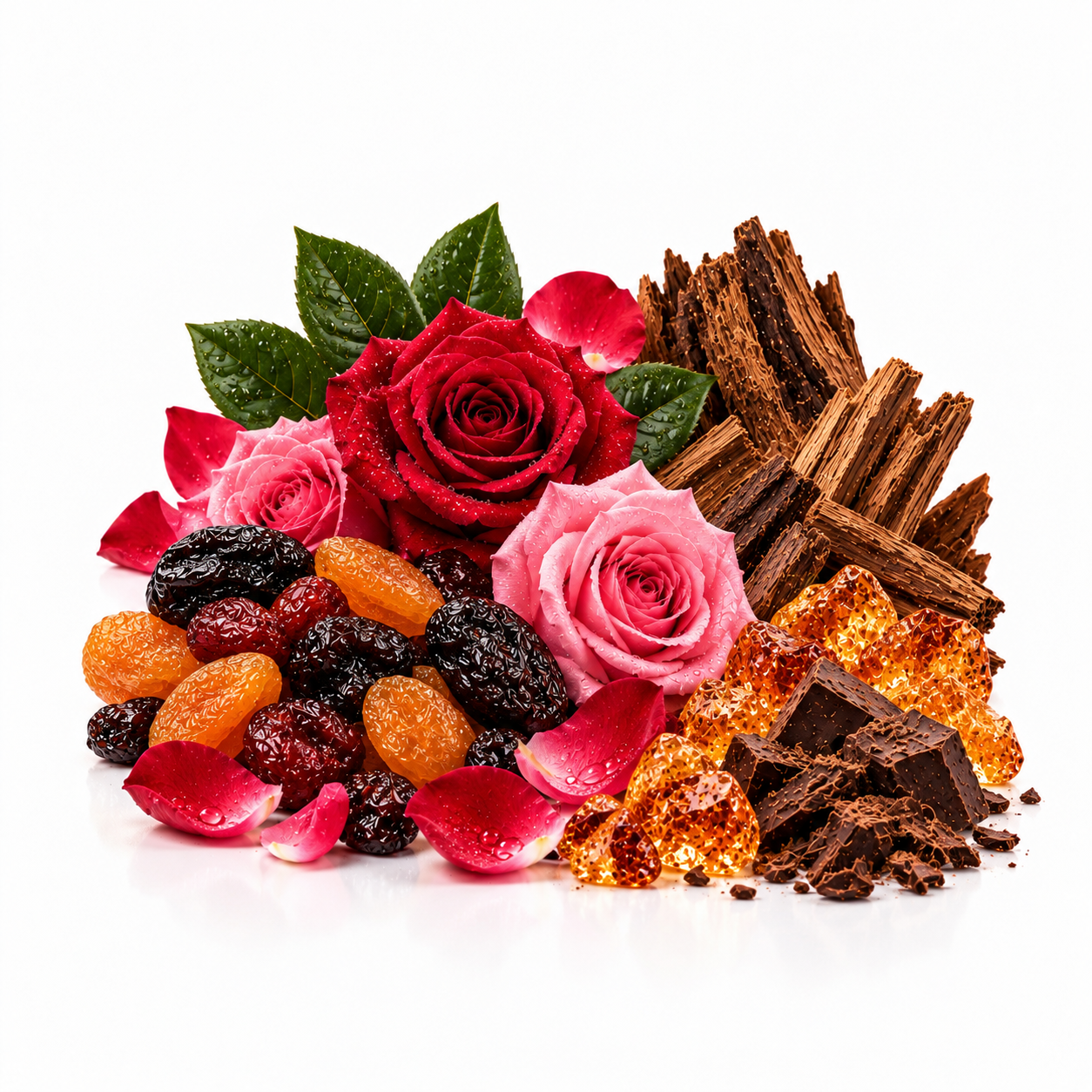 A styled arrangement of edible ingredients on a white background: two roses in red and pink, green leaves, dried cranberries and apricots, dark chocolate pieces, amber crystalline sugar, and brown bark-like pieces.