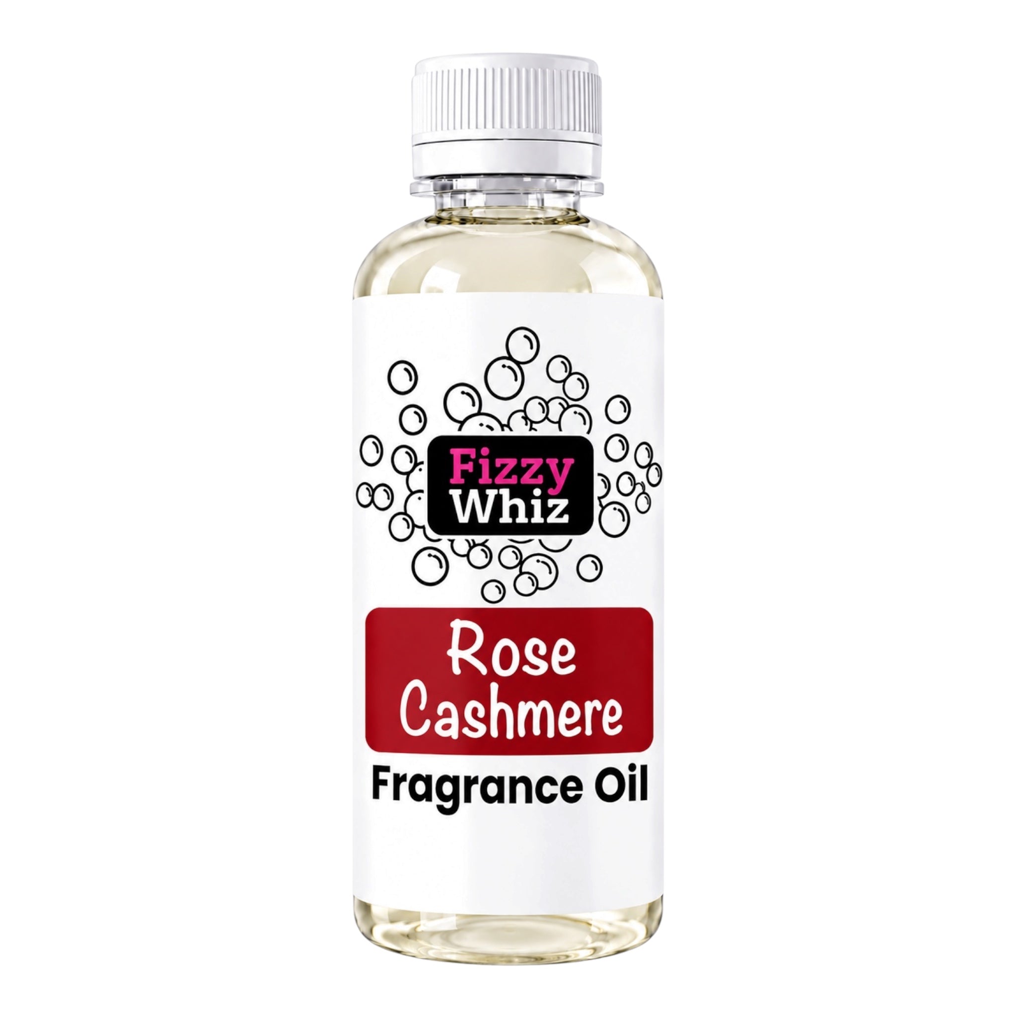 A bottle of Fizzy Whiz Rose Cashmere Fragrance Oil on a solid white background. The bottle is made of clear plastic showing the pale yellow oil inside, has a white ribbed cap, and a white label with black and red text and graphics.