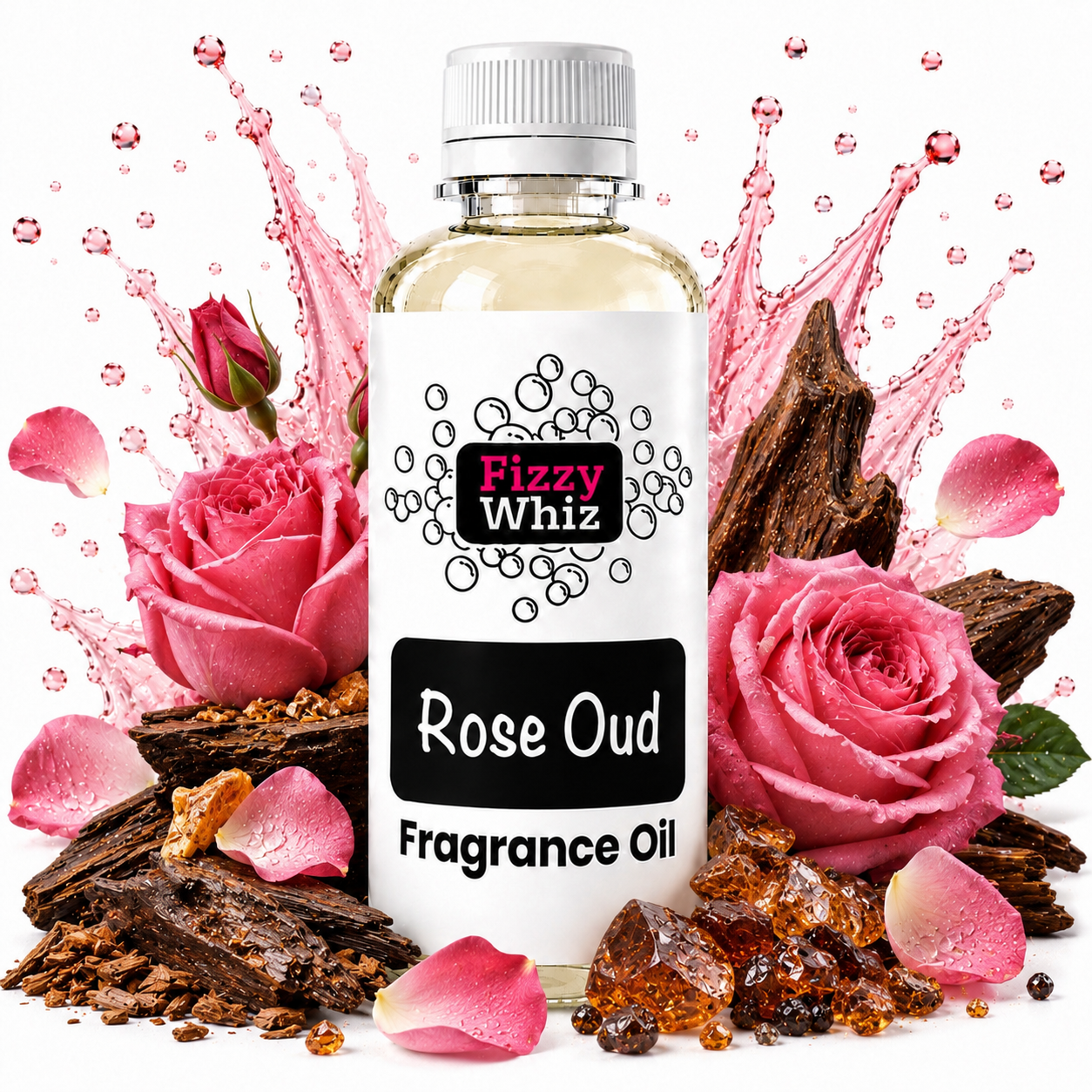 A bottle of Fizzy Whiz Rose Oud Fragrance Oil centered on a white background, surrounded by pink roses, rose petals, wood chips, and amber crystals with pink liquid splashes behind it.