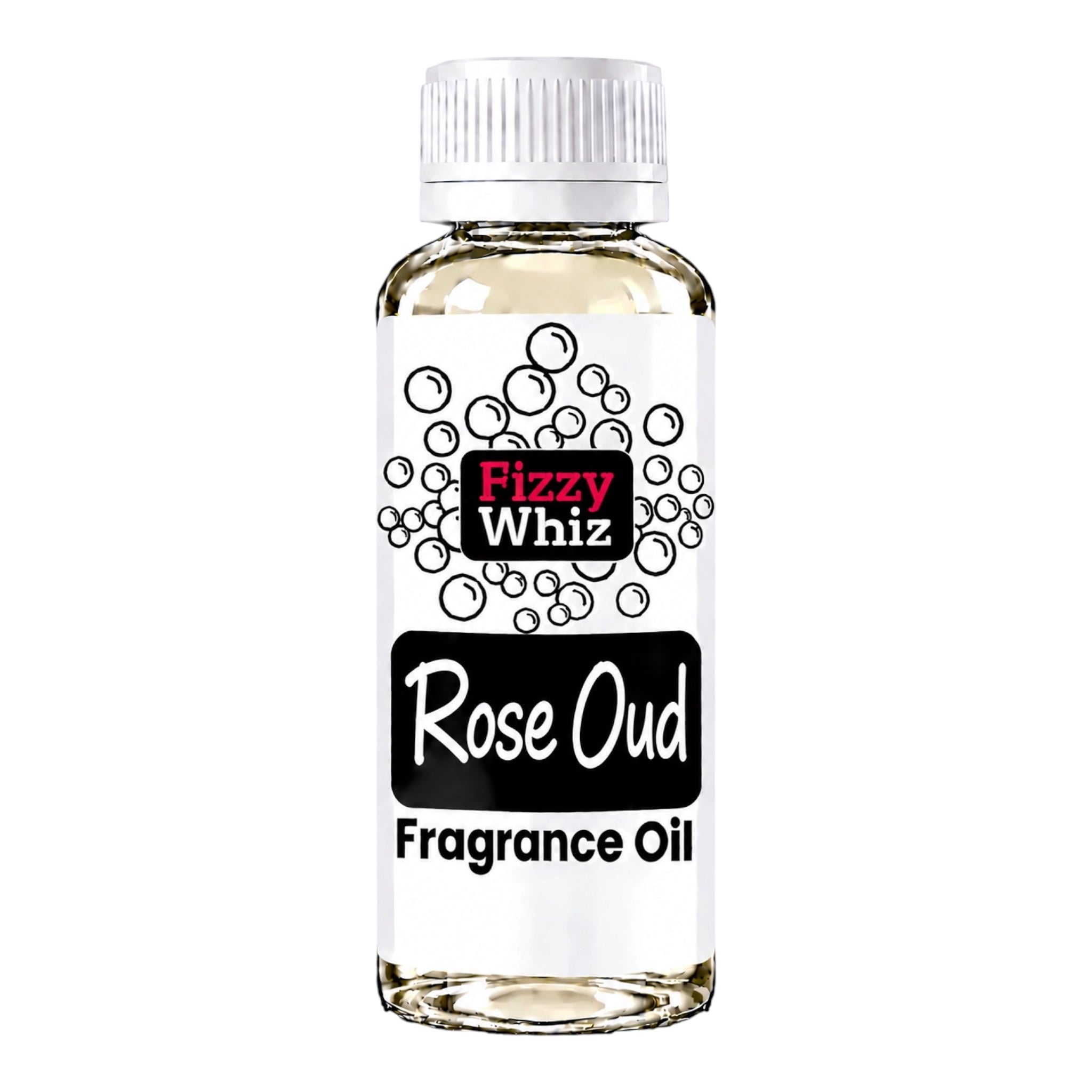 A bottle of Fizzy Whiz Rose Oud Fragrance Oil on a solid white background. The bottle is made of clear glass showing a light yellow liquid inside, topped with a white ribbed cap and a white label featuring black and red branding.