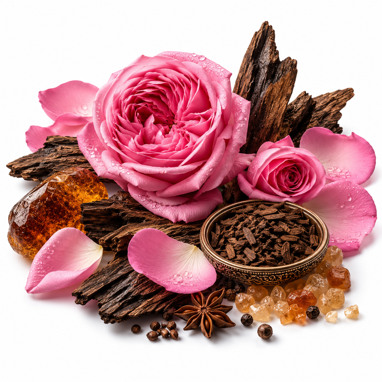 A styled botanical arrangement on a white background featuring a large pink rose, smaller pink rosebud, pink petals, dark brown wood pieces, amber-colored crystals, star anise, and a small bowl of dark brown seeds or spices.