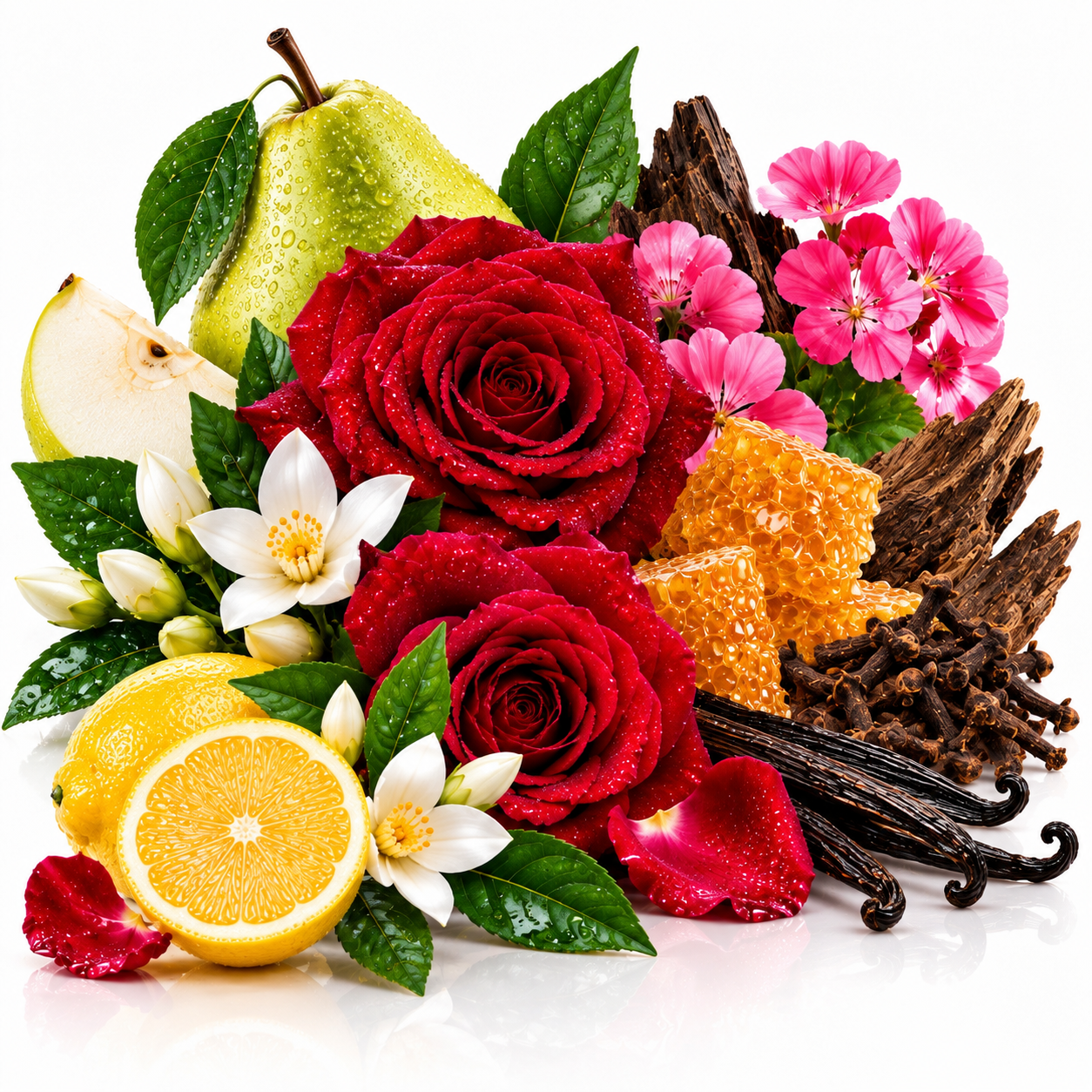 A styled botanical product shot featuring red roses, pink flowers, white blossoms, a sliced yellow lemon, a green pear, vanilla beans, and amber honeycomb arranged together on a white background.