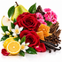 A styled botanical product shot featuring red roses, pink flowers, white blossoms, a sliced yellow lemon, a green pear, vanilla beans, and amber honeycomb arranged together on a white background.
