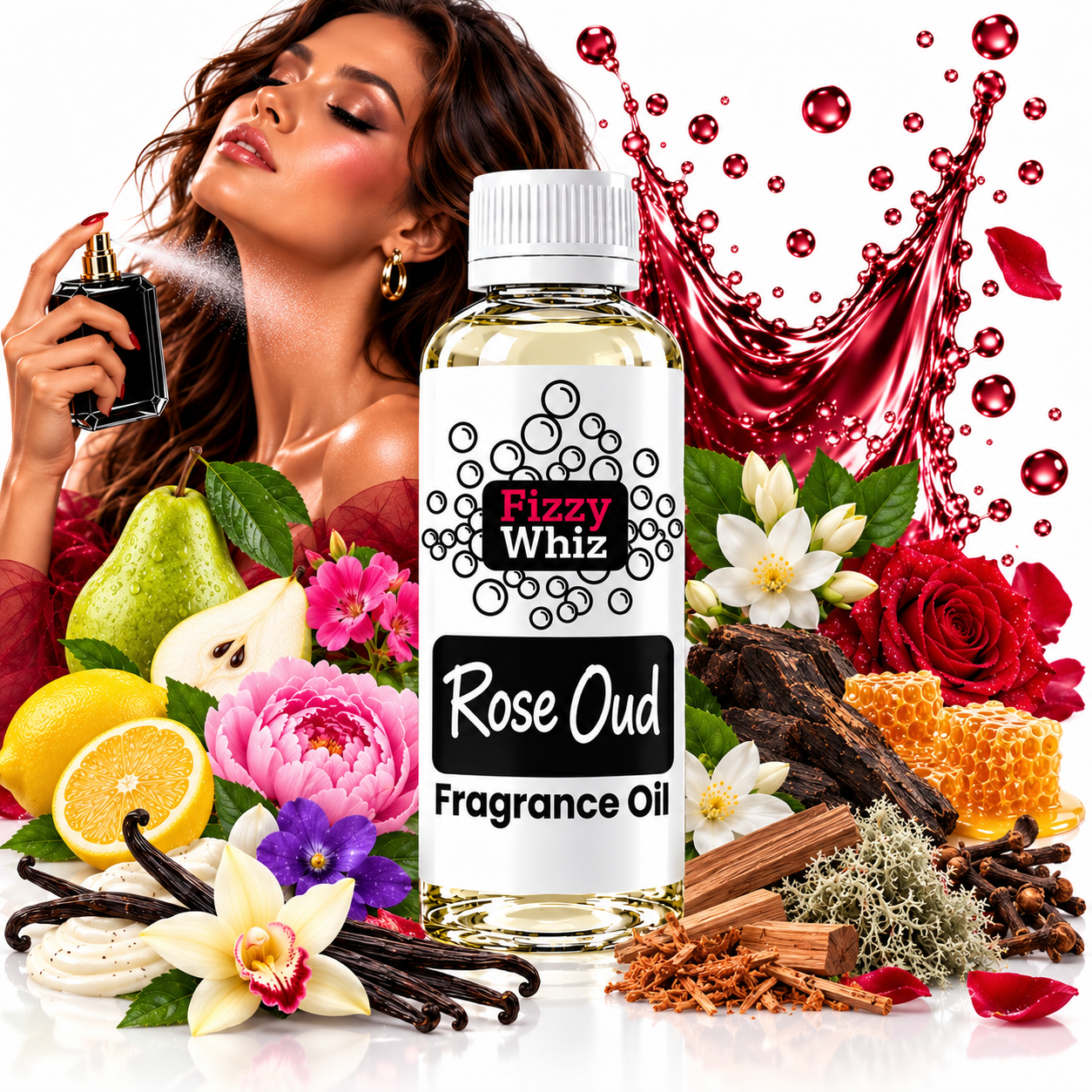 A bottle of Fizzy Whiz Rose Oud Fragrance Oil centered on a white background, surrounded by rose petals, a woman spraying perfume, and various floral and botanical ingredients including roses, pears, lemons, vanilla beans, cinnamon, and honeycomb. A metallic red perfume spray splash graphic appears behind the bottle.