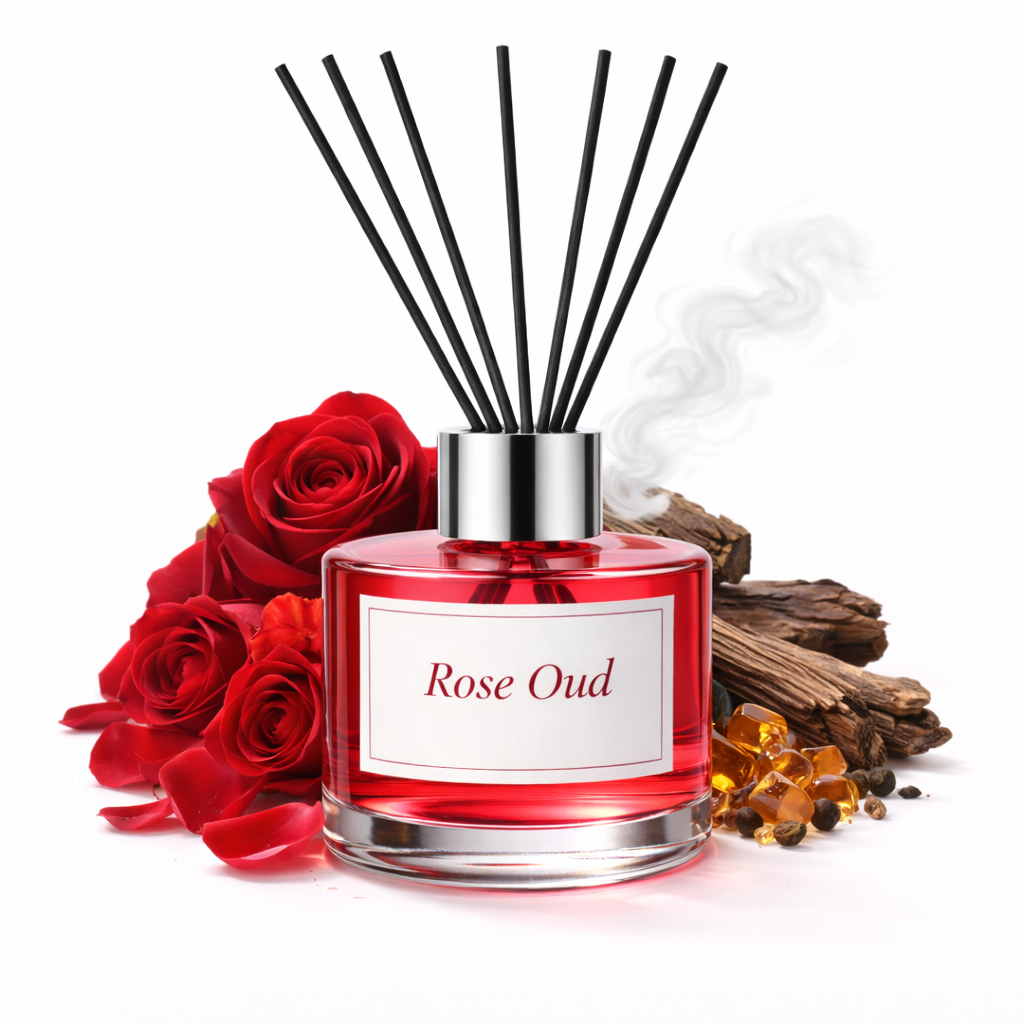 Red diffuser bottle labeled 'Rose Oud' with rose flowers and wood elements on a white background
