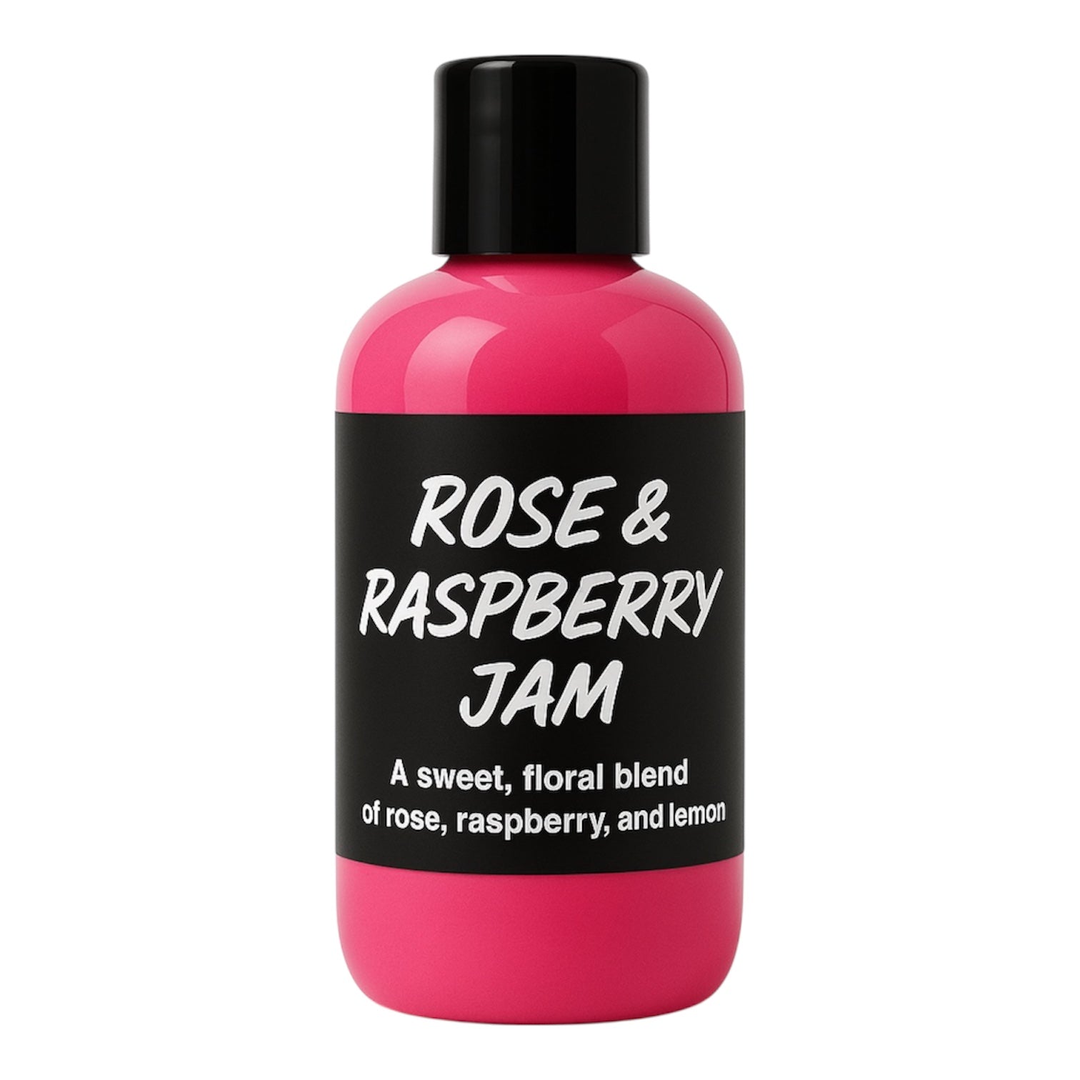 Pink bottle of 'Rose & Raspberry Jam' with a black label on a white background