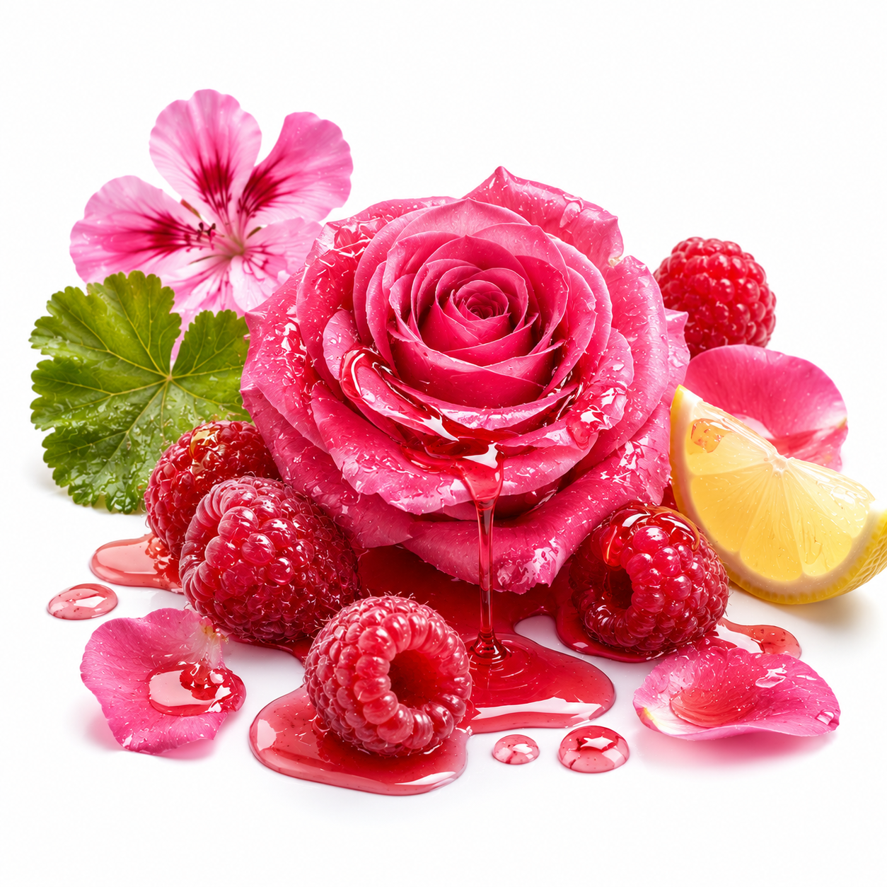 A vibrant pink rose petals and syrup arranged with fresh raspberries, a pink flower, green leaves, and a lemon slice on a clean white background.