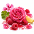 A vibrant pink rose petals and syrup arranged with fresh raspberries, a pink flower, green leaves, and a lemon slice on a clean white background.