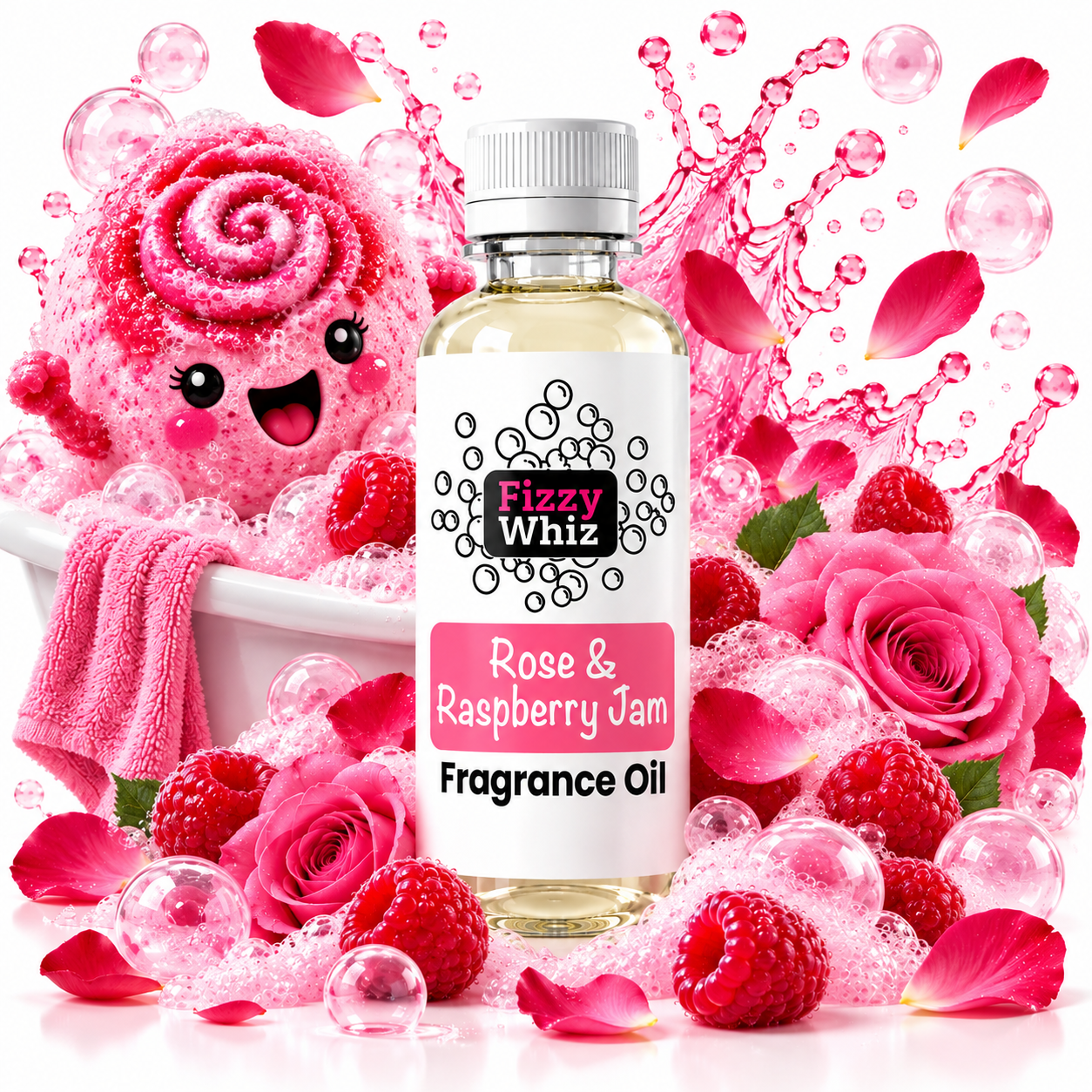 A bottle of Fizzy Whiz Rose & Raspberry Jam Fragrance Oil stands in a white tub surrounded by pink roses, raspberries, soap bubbles, and a pink towel on a white background.