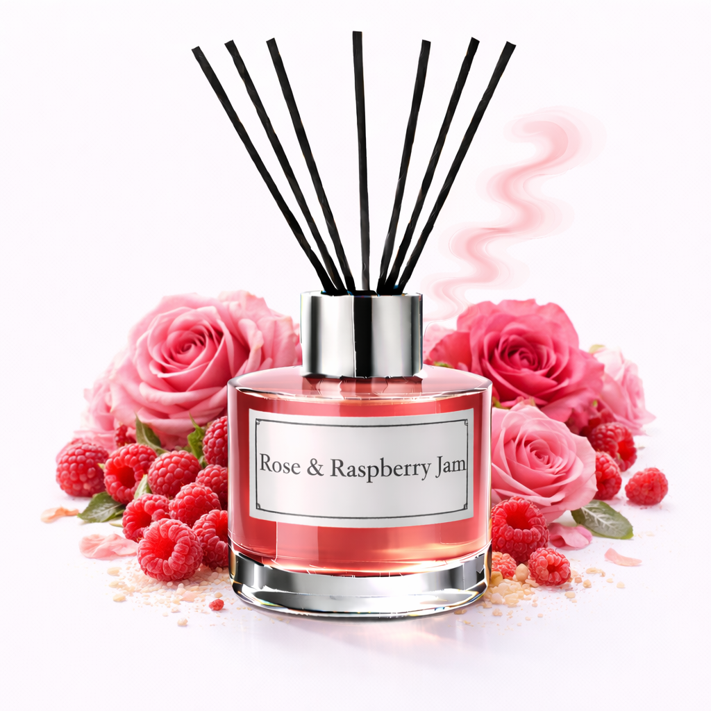 Diffuser with 'Rose And Raspberry Jam' label surrounded by pink roses and raspberries on a white background